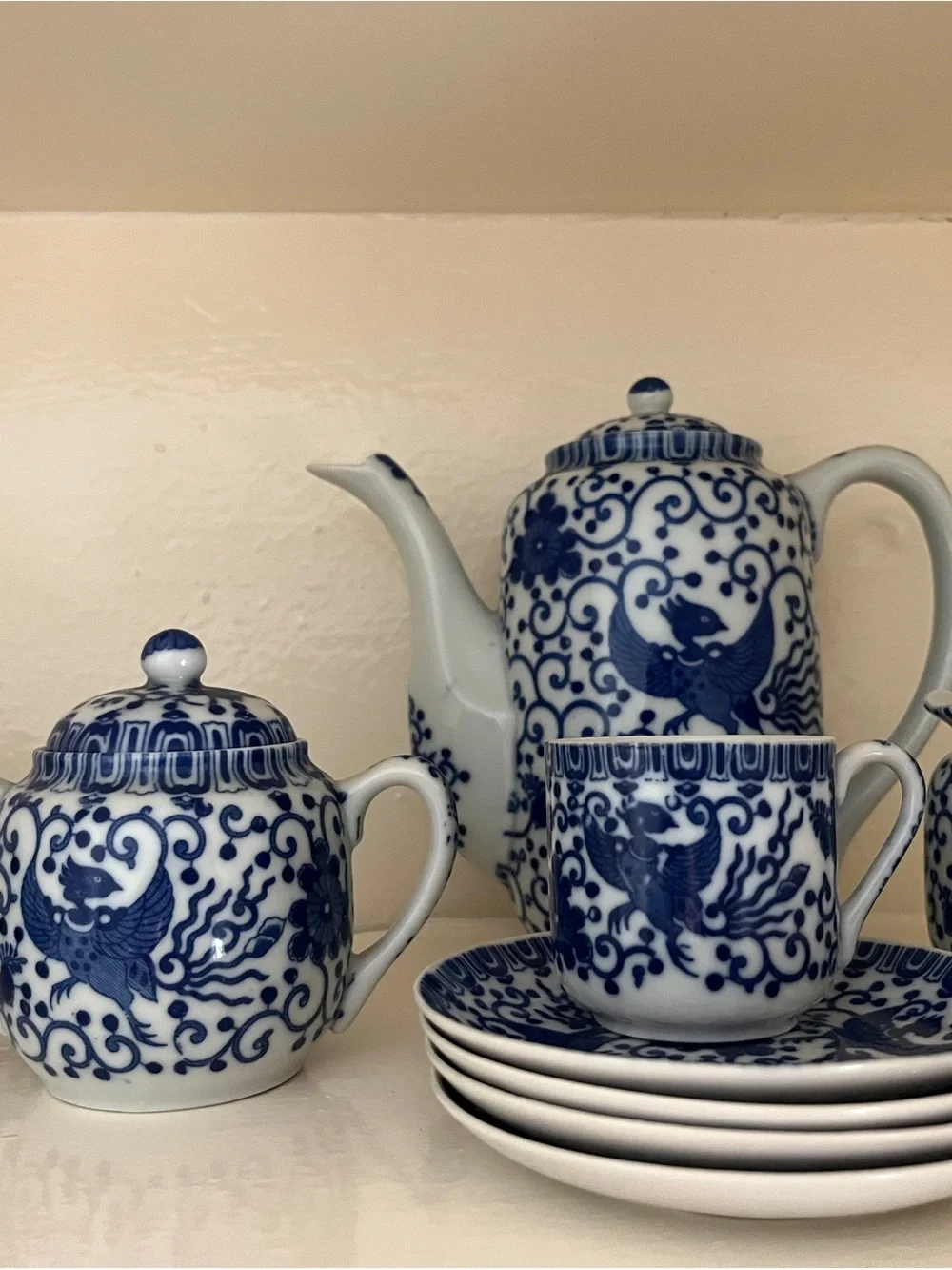 Vintage Blue & White Porcelain Phoenix Tea Set - Made in Japan (12pc)